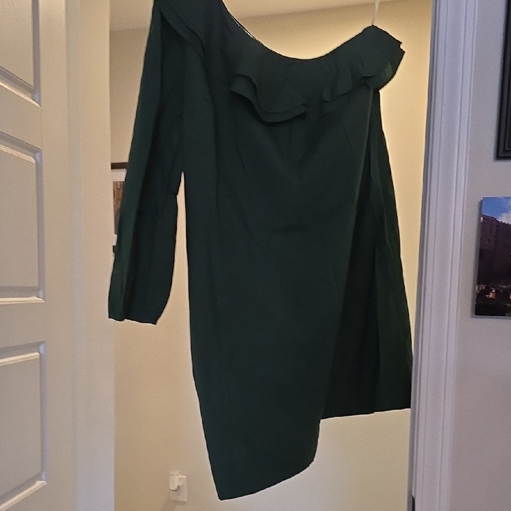 J. Crew Forest Green One-Shoulder Ruffle Dress